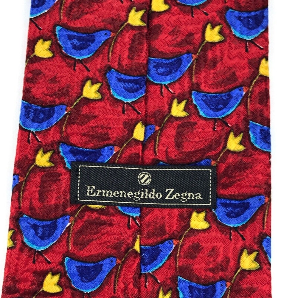 Ermenegildo Zegna 100% Silk Tie Red Birds Bird Heart Leaves Animals Necktie 57" - Picture 6 of 12